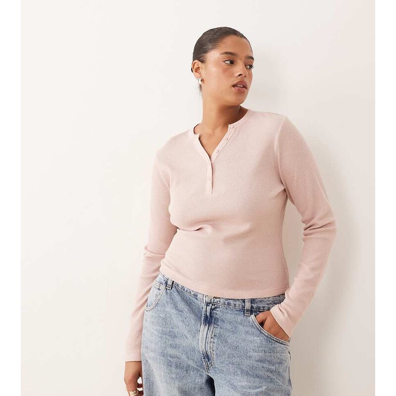 ASOS Curve ASOS DESIGN Curve shrunken waffle long sleeve henley tee in 115515230