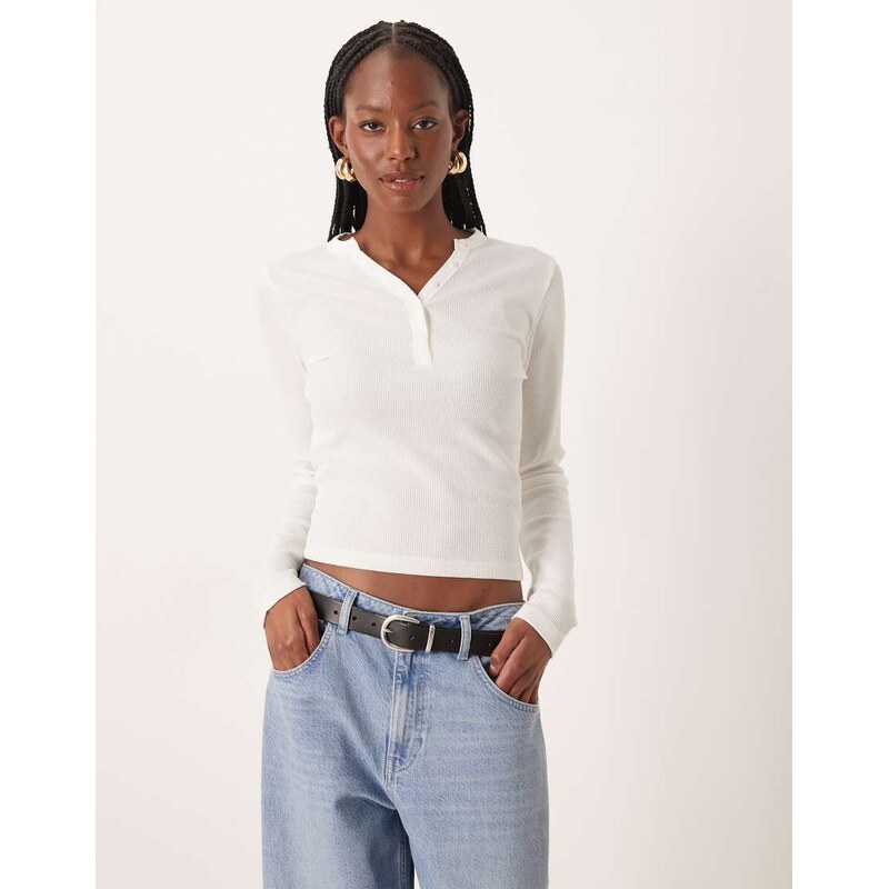 ASOS DESIGN shrunken waffle long sleeve henley tee in cream