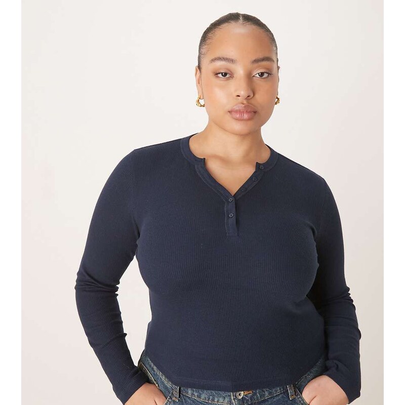 ASOS Curve ASOS DESIGN Curve shrunken waffle long sleeve henley tee in 115515234