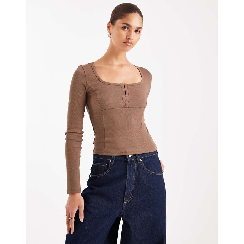 ASOS DESIGN scoop neck long sleeve top with seam detail in choc