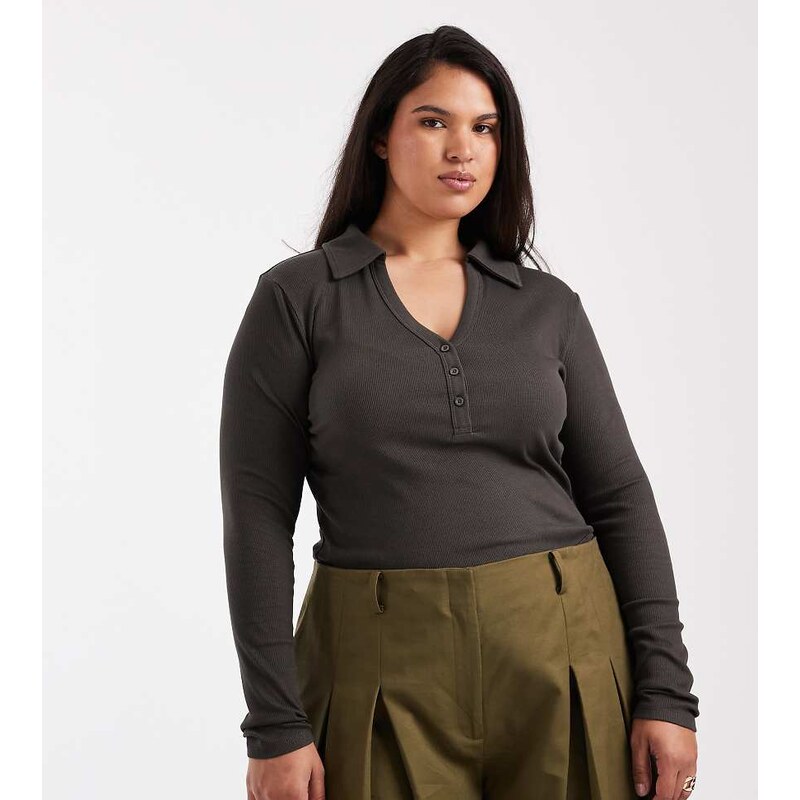 ASOS Curve ASOS DESIGN Curve shrunken rib henley long sleeve top with 115515920