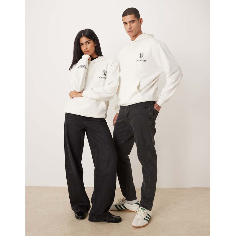 ASOS DESIGN unisex relaxed hoodie with Guinness print in cream-White