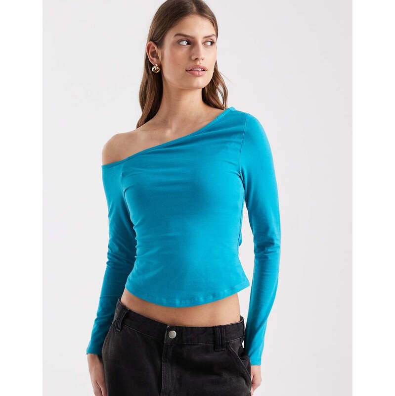 ASOS DESIGN cotton off shoulder long sleeve top in teal-Blue