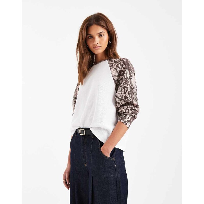 ASOS DESIGN raglan long sleeve top in waffle in snake print