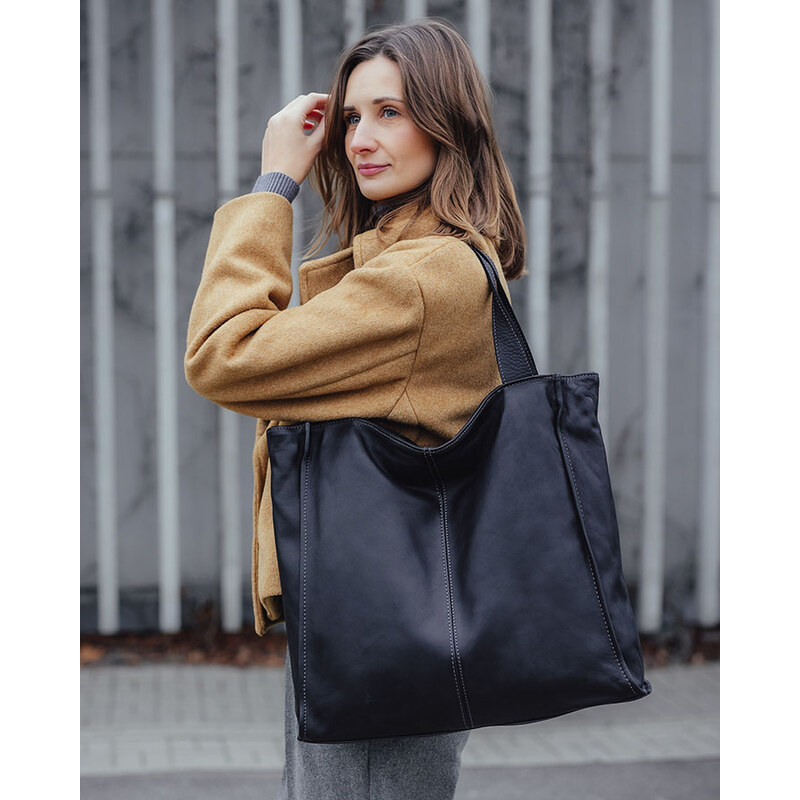 MARCO MAZZINI Černá kožená shopper kabelka