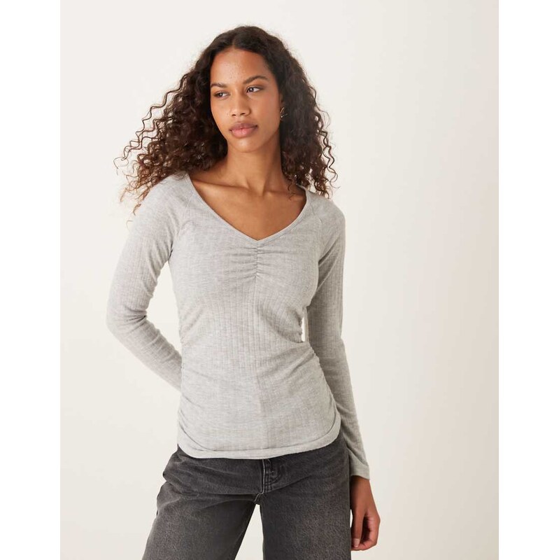 ASOS DESIGN supersoft brush rib v neck long sleeve in grey marl