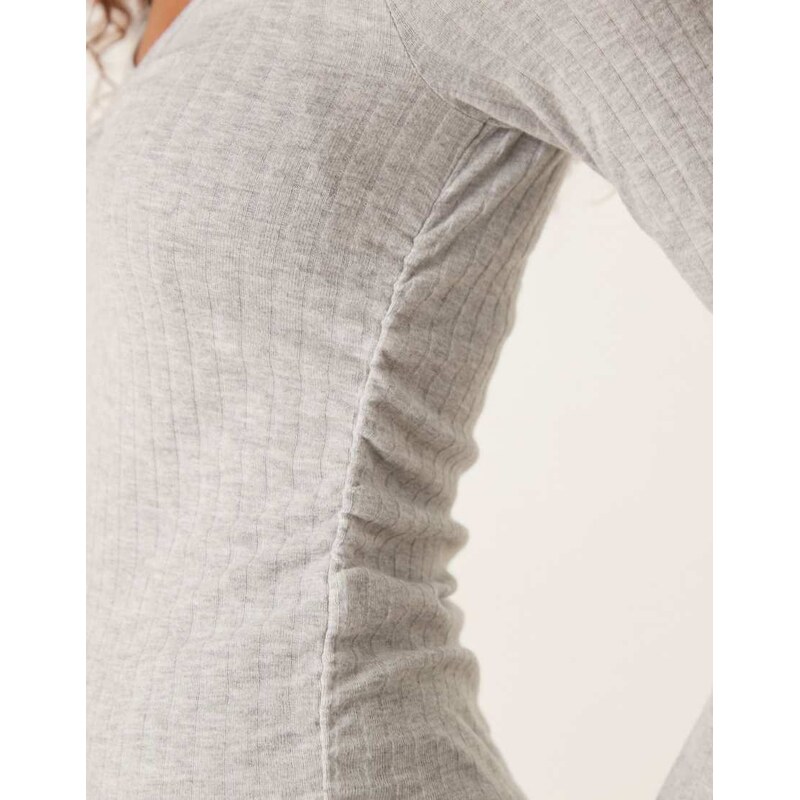 ASOS DESIGN supersoft brush rib v neck long sleeve in grey marl