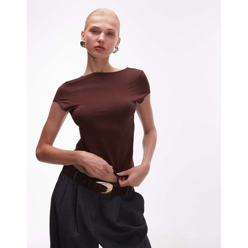 ASOS DESIGN slinky cap sleeve scoop back top in chocolate-Brown
