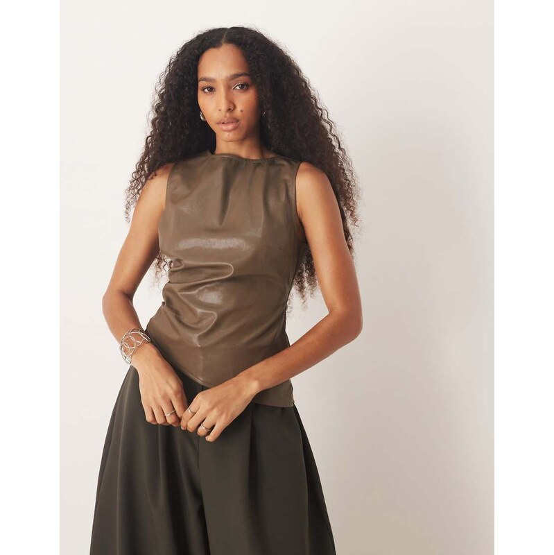 Pretty Lavish leather look sleeveless asymmetric hem top in