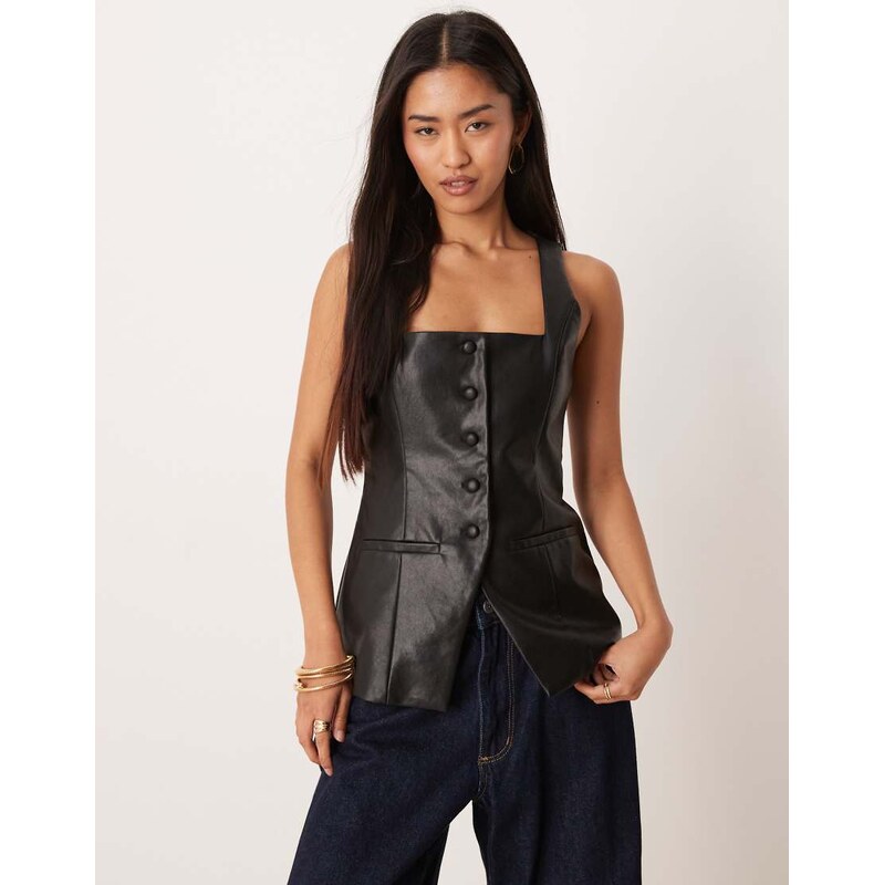 Pretty Lavish leather look longline waistcoat in black 112279899