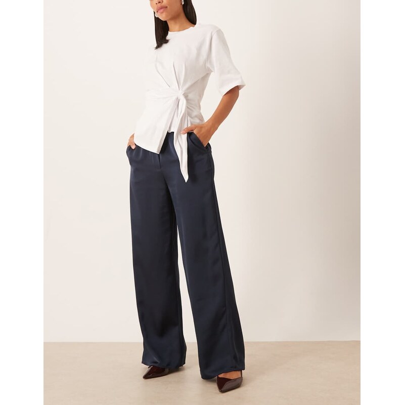 Pretty Lavish satin drawstring wide leg trousers in navy