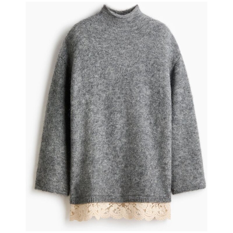H&M - Svetr z mohérové směsis krajkovým lemem - Šedý Melír