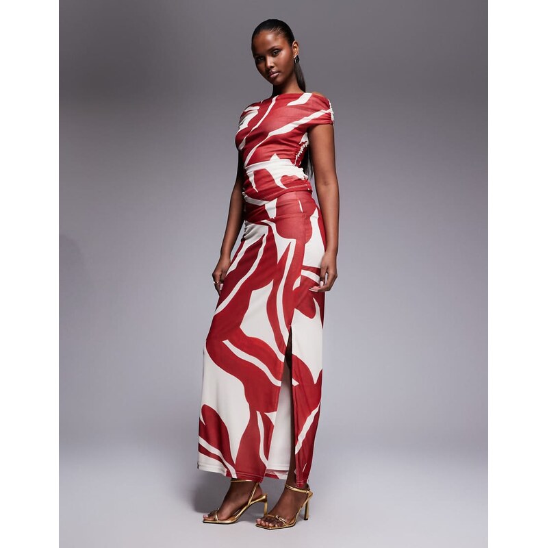 Forever New mesh maxi skirt in red and white print-Multi