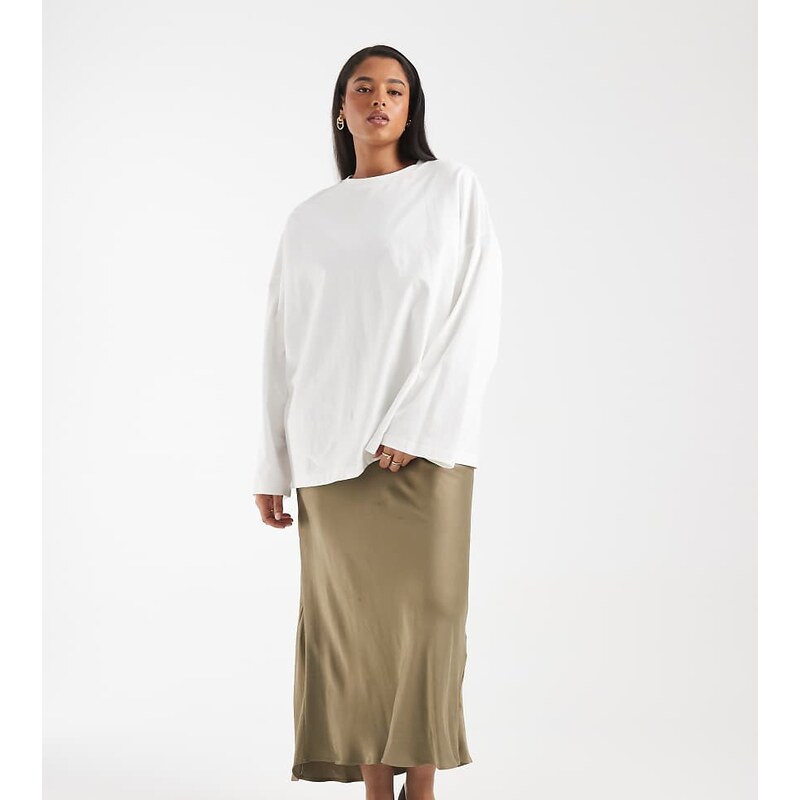 ASOS Curve ASOS DESIGN Curve satin bias maxi skirt in olive-Green 113136864