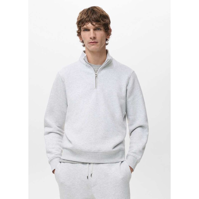 Mango cotton mix quarter zip knitted jumper in light grey
