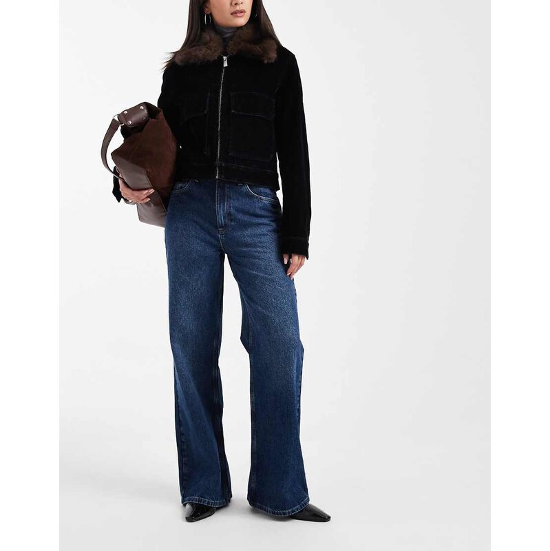 ASOS DESIGN cinch back belt mid rise jean in mid blue