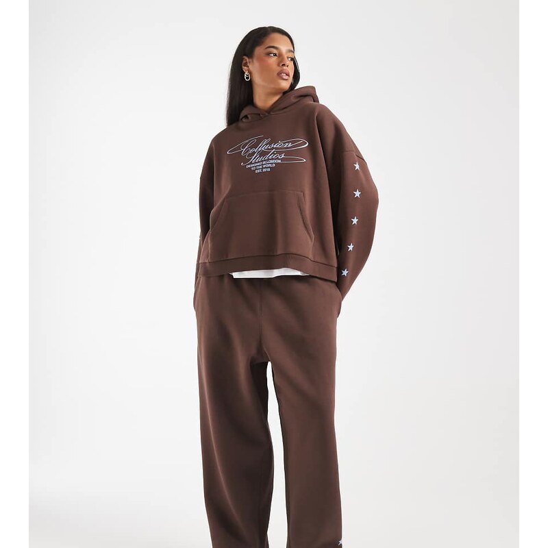 COLLUSION Plus star logo hoodie in chocolate co-ord-Brown 112239775