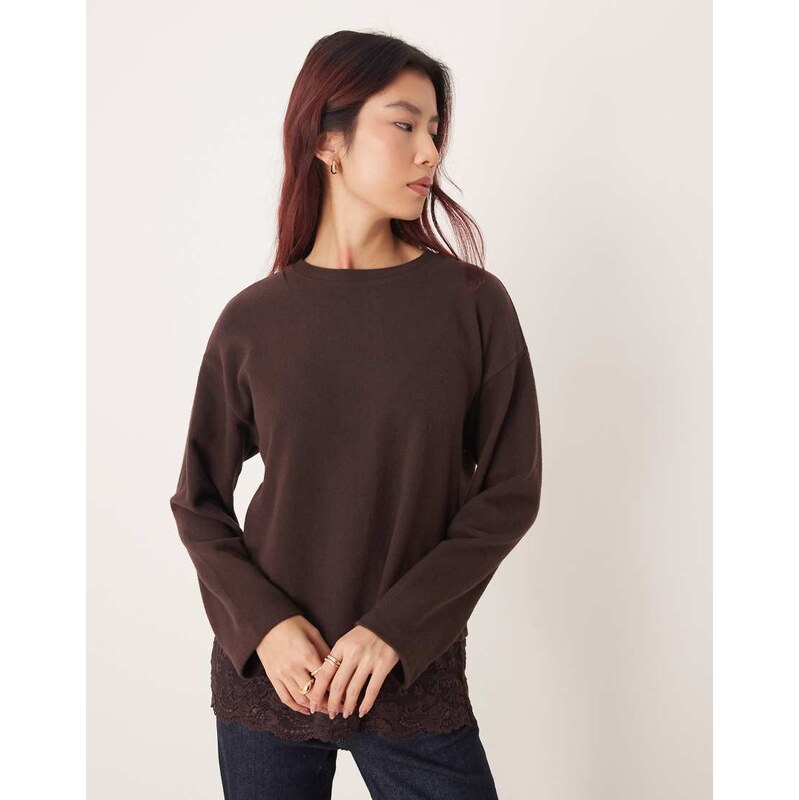 ASOS DESIGN supersoft oversized long sleeve top with lace hem in brown 112239836