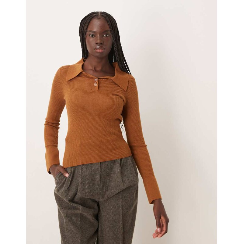 Mango polo top with flared sleeves in caramel-Neutral