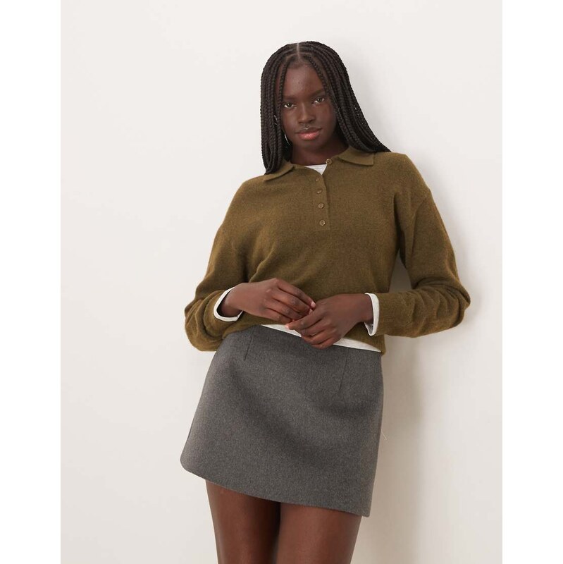 Mango knitted polo top in light khaki-Green 112239832