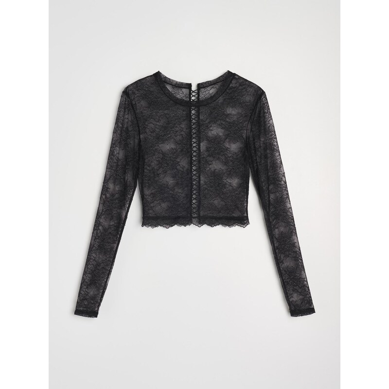 Sinsay - Krajkový elastický crop top s dlouhým rukávem - černá