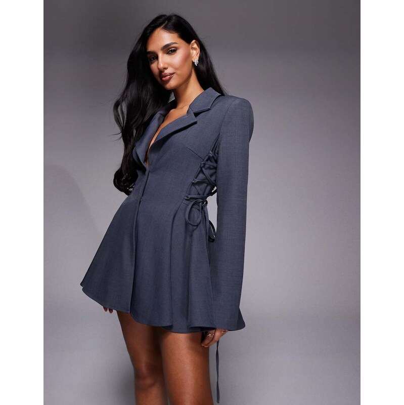 ASOS LUXE cinched blazer playsuit with tie side detail in grey 112231939