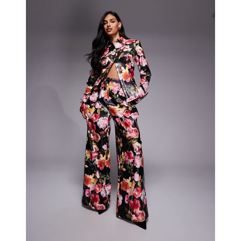ASOS LUXE co-ord pleated wide leg PU trousers in floral print