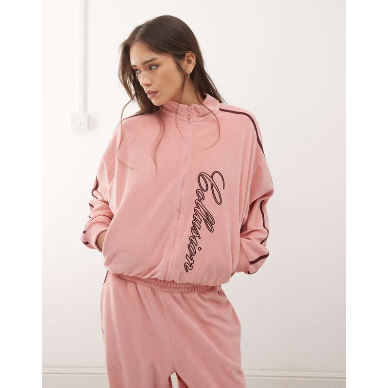 COLLUSION embroidered velour zip through co-ord in dusty pink 112231978