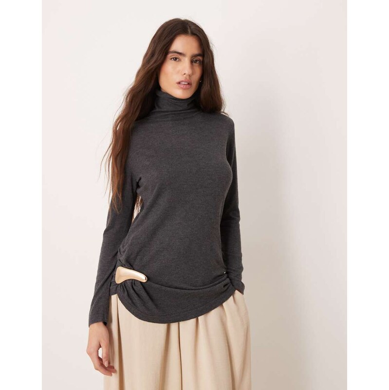 Mango roll neck ruched side knitted top in charcoal-Grey
