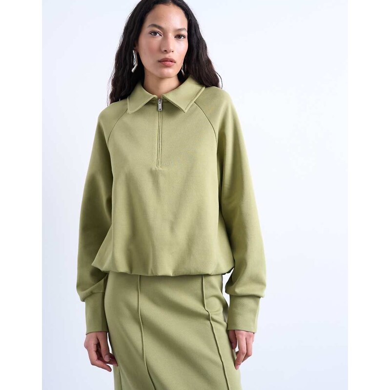 Topshop interlock bubble hem polo quarter zip sweat in green