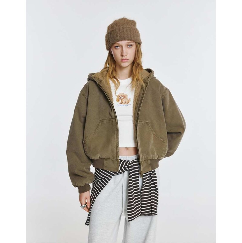 Pull&Bear Jacket with hood and faux shearling lining in brown 112232012