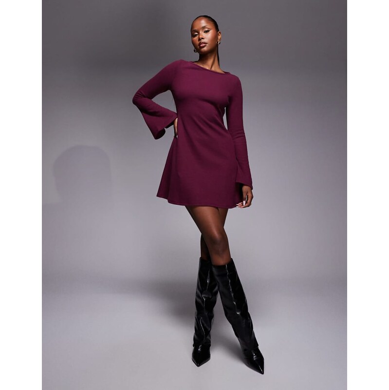 ASOS DESIGN super soft flute sleeve mini dress in fig-Red