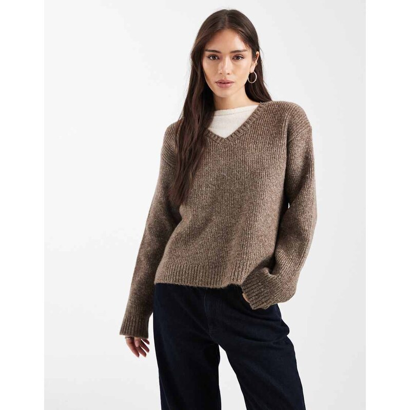 ASOS DESIGN double layered v neck jumper in mocha-Brown