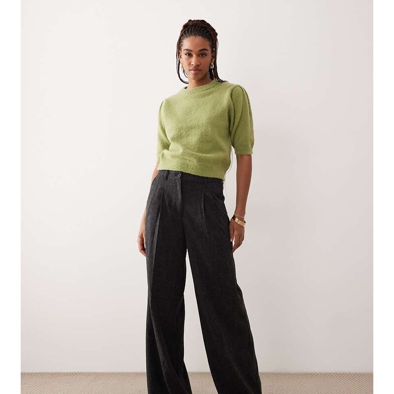 JDY Tall high waist wide leg textured tailored trousers in dark grey 112232039