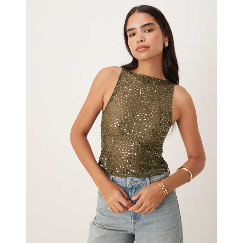 Motel Dudley vest top sequin knit in olive-Green