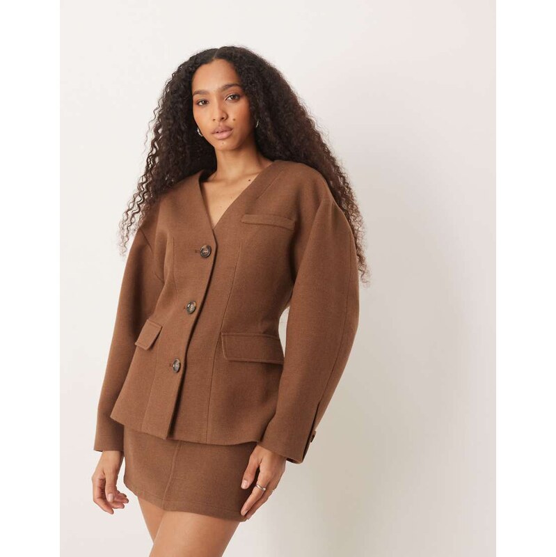 Pretty Lavish collarless cinched tailored jacket co-ord in brown 112308836
