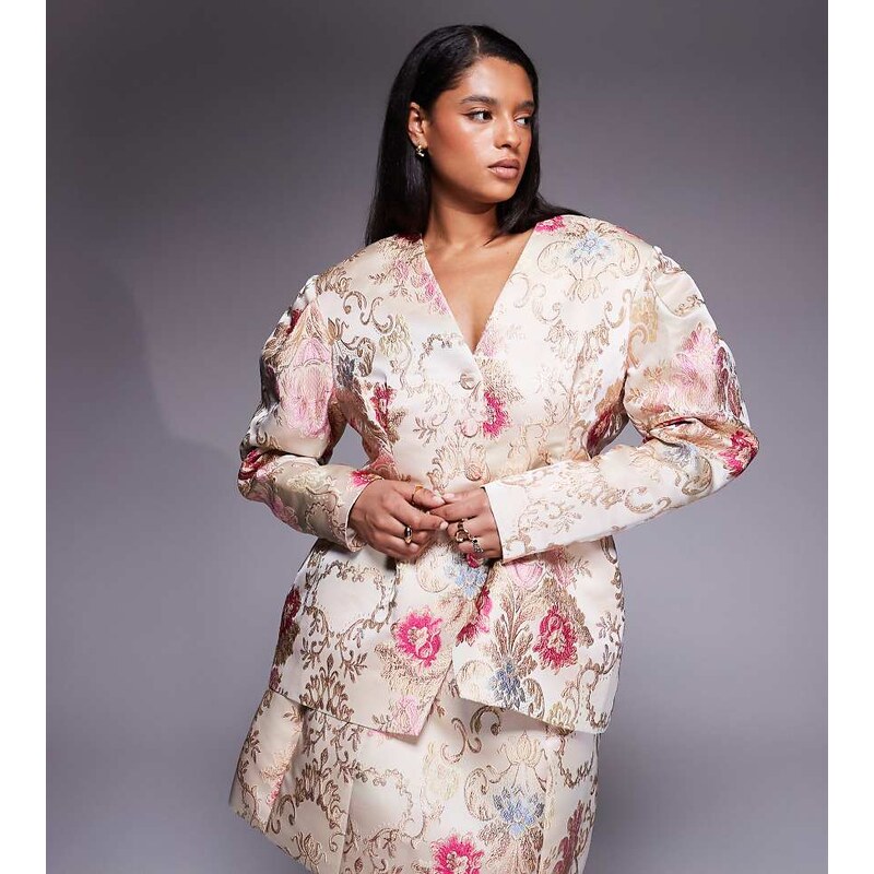 ASOS LUXE Curve co-ord jacquard extreme shoulder cinched blazer in 111168035