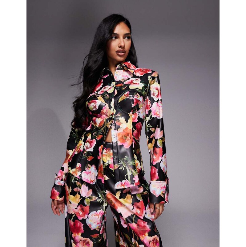 ASOS LUXE co-ord cinched PU shirt in floral print-Multi 112239764