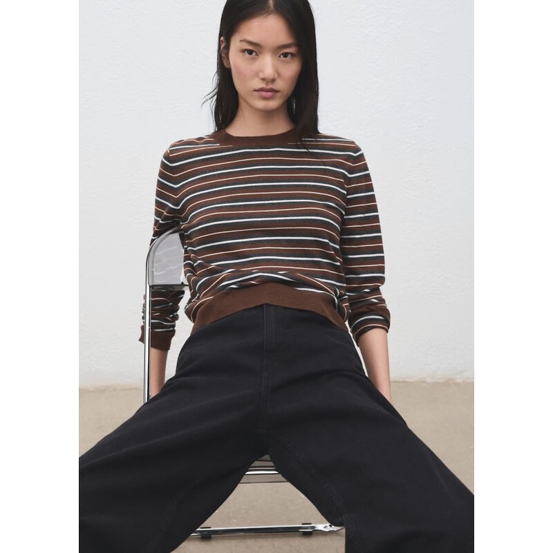 Mango round neck fine knit top in brown stripe 112239805