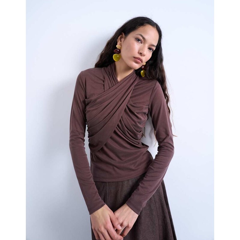 Topshop cross over wrap long sleeve top in chocolate brown