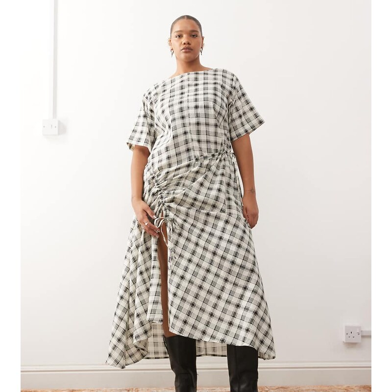 COLLUSION Plus multi channel detail maxi dress in neutral check