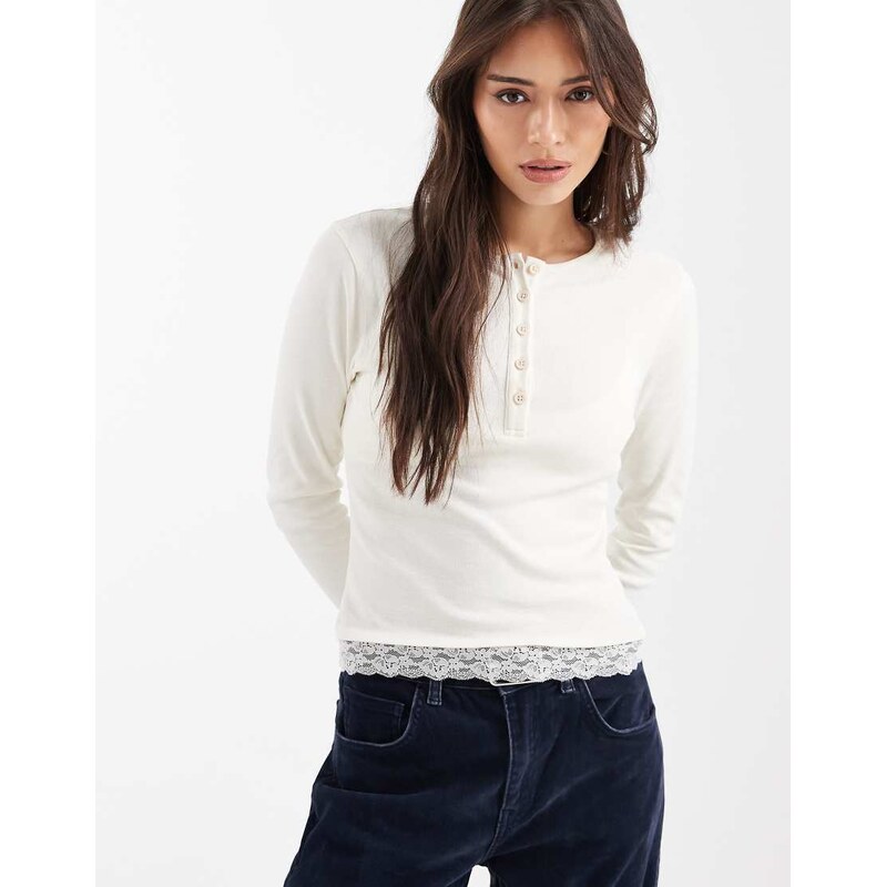 Miss Selfridge henley long sleeve top with lace trim in cream-White 115521210