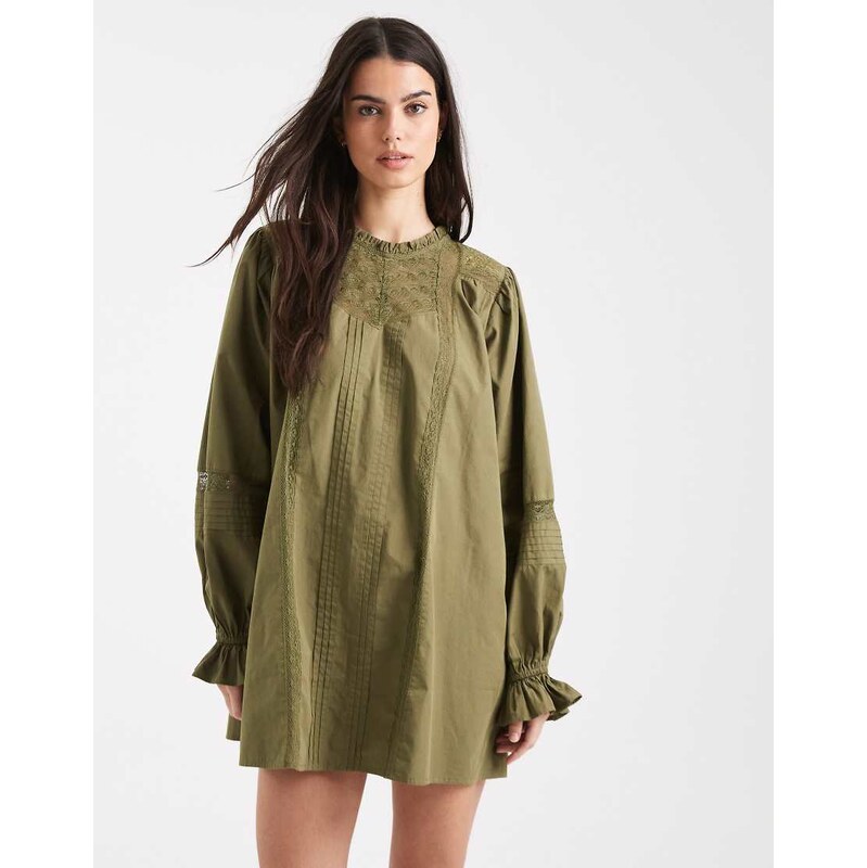 Miss Selfridge poplin Lace Insert Olive Smock dress-Green