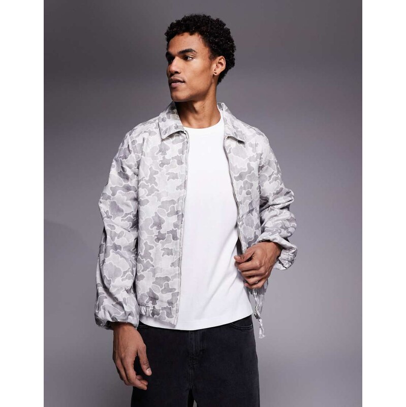 ASOS DESIGN bomber jacket in camo print in grey