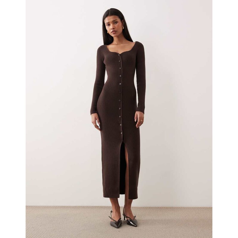 Abercrombie & Fitch long sleeve v neck fitted maxi dress in brown 112247538