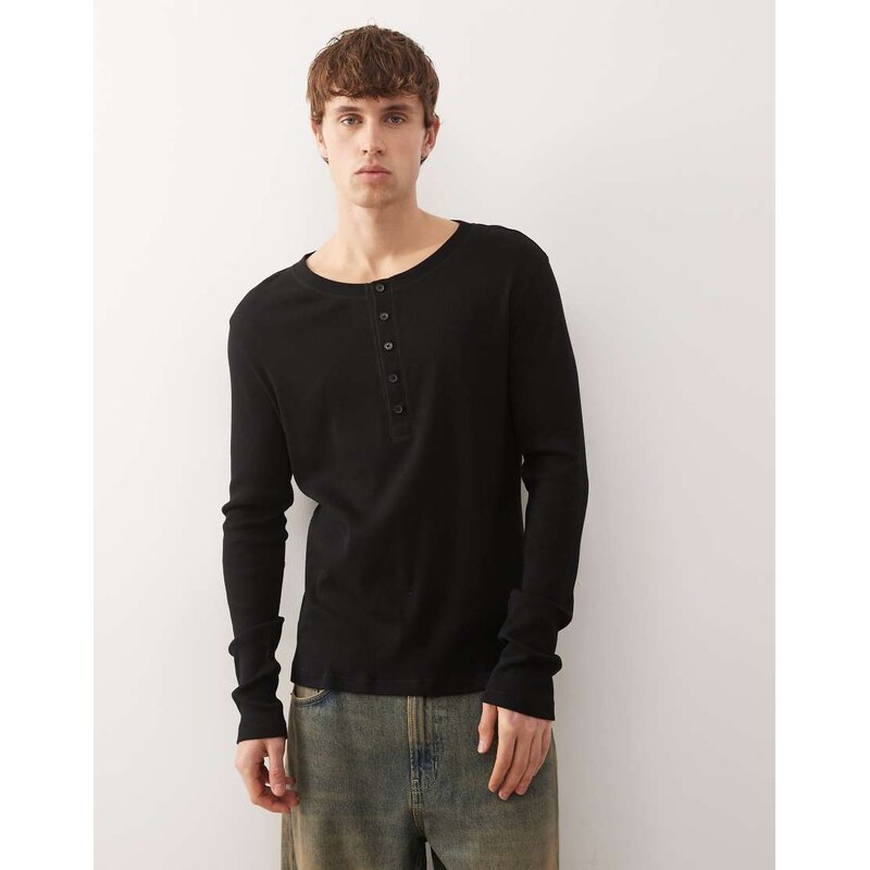 Weekday henley long sleeve top in black