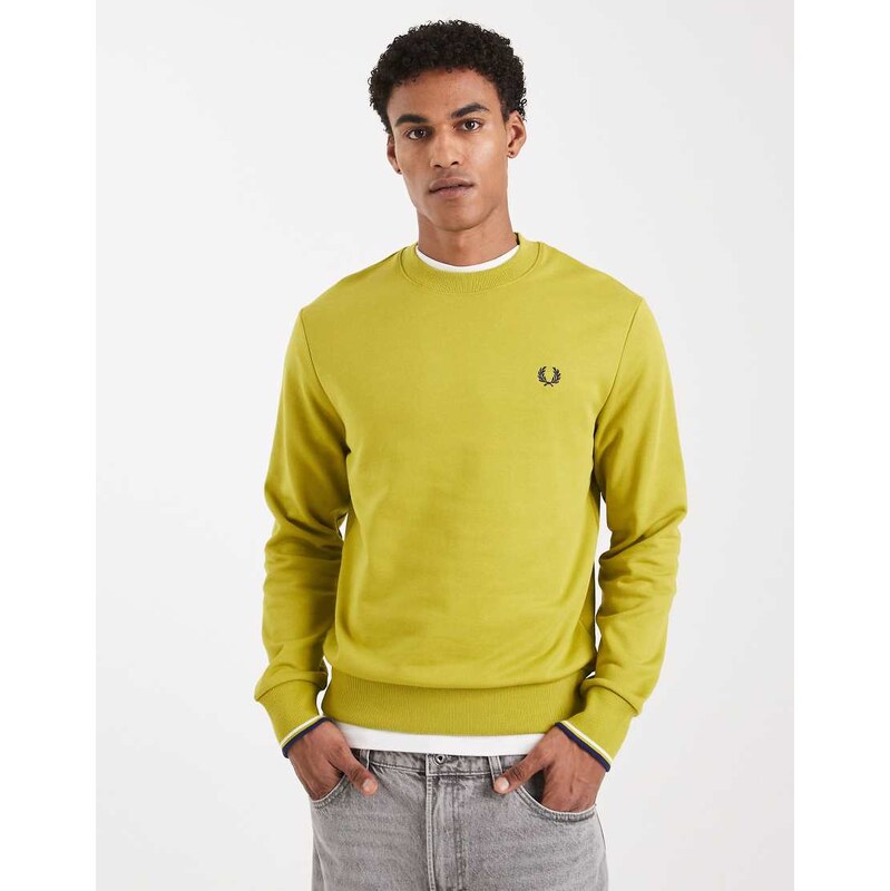 Fred Perry tipped crew neck sweatshirt in tennis ball yellow