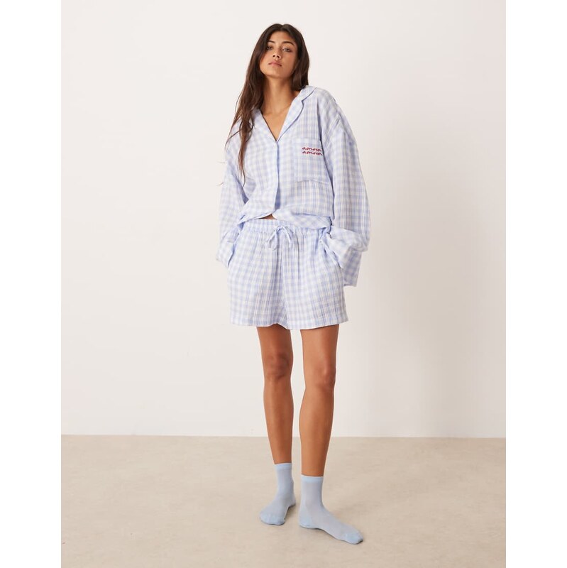 ASOS DESIGN cotton gauze embroidered long sleeve shirt & wide leg 112640181