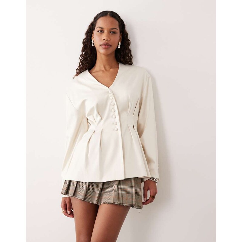 Pretty Lavish satin collarless cinched waist jacket in cream