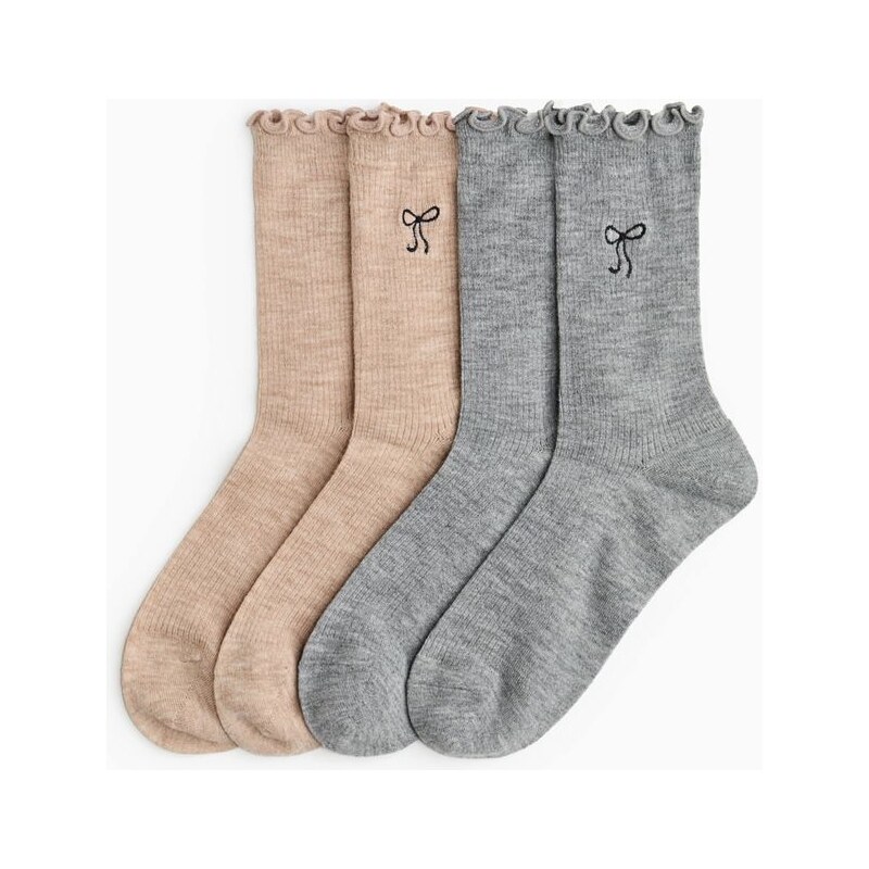 H&M - Ponožky z vlněné směsi 2 páry - Šedý Melír/Béžový Melír